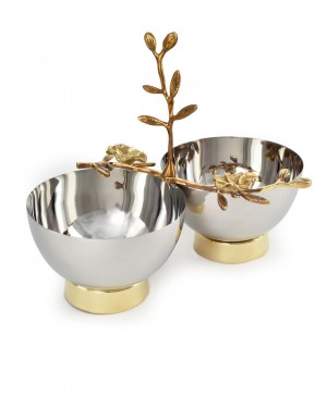 Serene Spaces Living Orchid Stem Designed Twin Bowls With Gold Colored Base