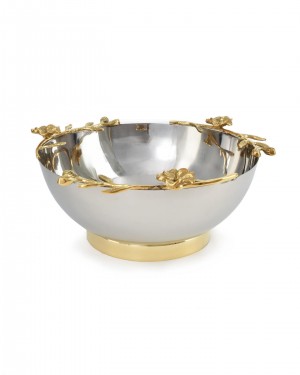 Serene Spaces Living Polished Stainless Steel Bowl With Brass Orchid Stem on Edges, Large Size, Sold Individually