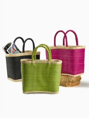 Green, Black, & Pink Raffia Totes With Natural Borders - Decorative Raffia Accessories | Serene Spaces Living