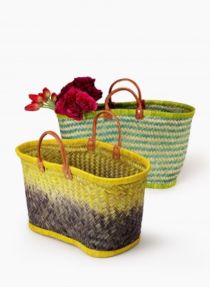 Stripe Raffia Bag With Leather Handles