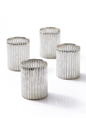 Serene Spaces Living Set of 24 Corrugated Glass Silver Votive Candle Holders, Ideal for Winter Wedding Decorations, Parties, Events, Christmas Dinner Tablescape, 4" Tall and 3" Diameter