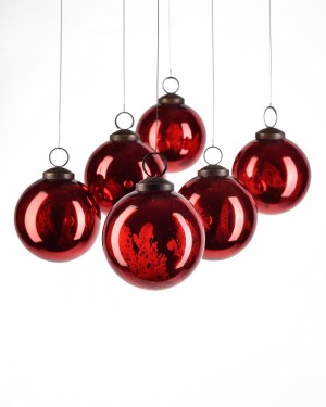 Serene Spaces Living Set of 6 Antique Glass Balls, Hanging Ornaments for Holiday Décor, Available in Silver/ Red