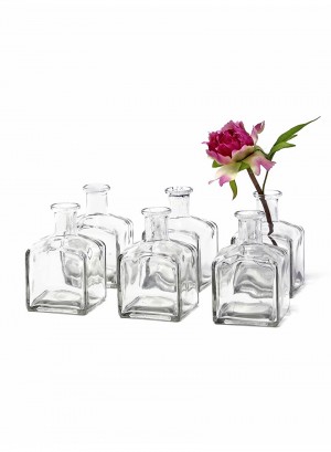 Serene Spaces Living Glass Bottle Bud Vases Set of 6 or 48, Vintage Square Bottle Style - Elegant Vases, 4.5" Tall by 2.75" Square 
